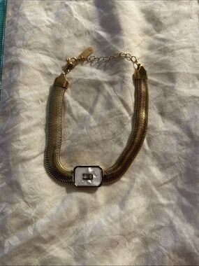 Gold-Tone over Stainless Steel Statement Bracelet with Mother-of-Pearl Center